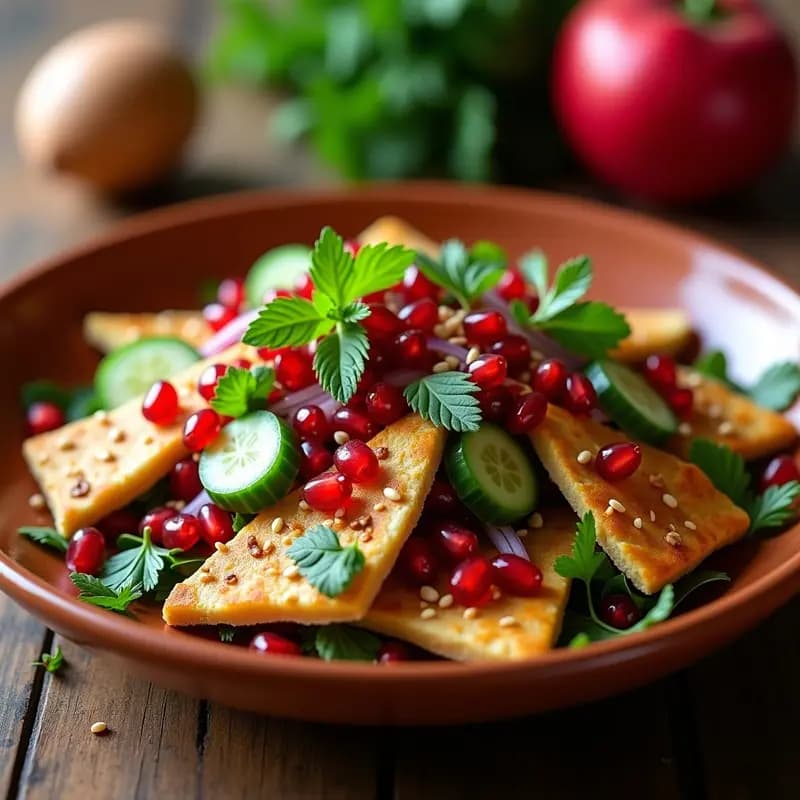Fattoush Libanes con Granadas y Hierbas Frescas: Ensalada Árabe Crujiente Sin Horno