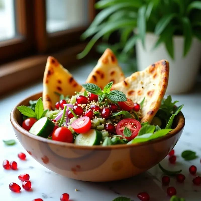 Fattoush con Granadas y Menta Fresca: Ensalada Árabe Crujiente y Sin Gluten