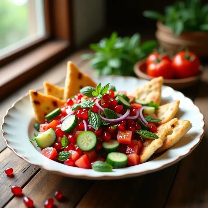 Fattoush de Granadas y Menta: Ensalada Libanes con Toque Dulce y Crujiente