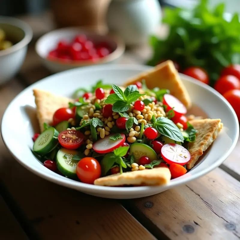 Fattoush con Granadas y Mentas: Ensalada Libanesas Crujiente y Refrescante
