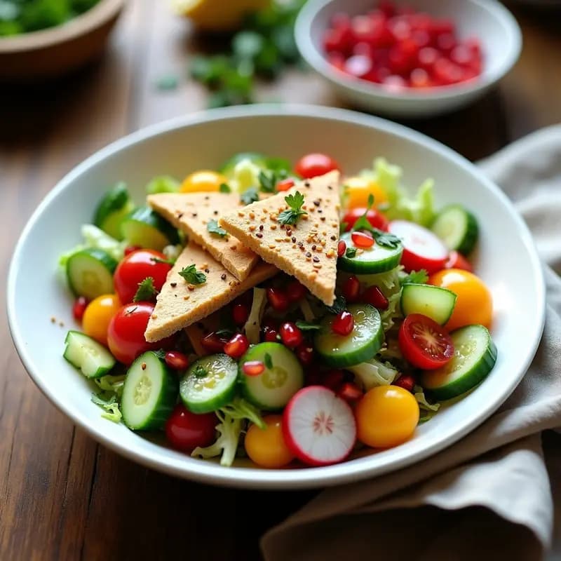 Fattoush Libanés con Granadas y Mentas: Ensalada Árabe Sin Gluten y Colorida en 15 Minutos