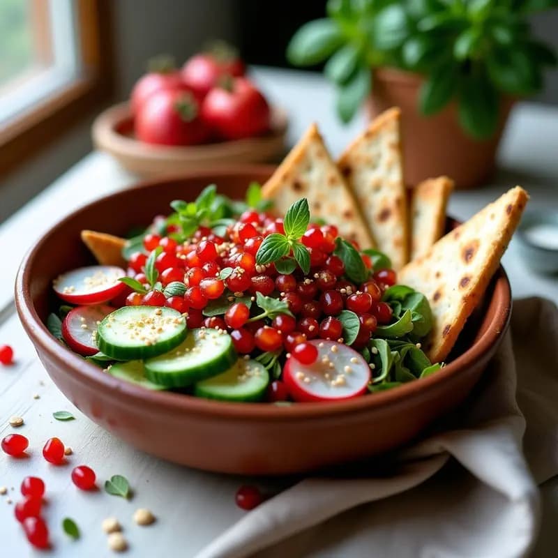 Fattoush con Granadas y Mentha: Ensalada Líbanesa Fresca y Sin Cocinar
