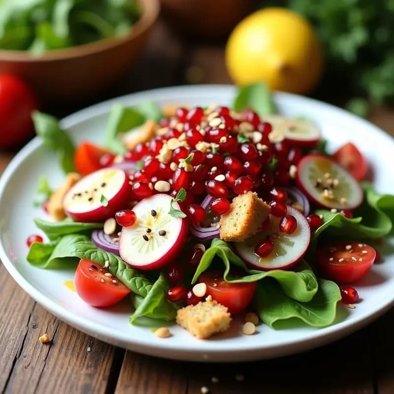 Fattoush con Granadas y Mentira: Ensalada Libanesa Crujiente y Ácida sin Gluten