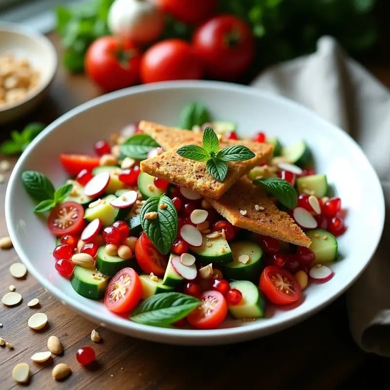 Fattoush con Granadas y Mentolado de Hierbabuena: Ensalada Libanesa Explosiva