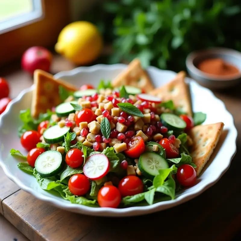 Fattoush con Granadas y Sumac: Ensalada Sirio-Libanesa Fresca y Ácida
