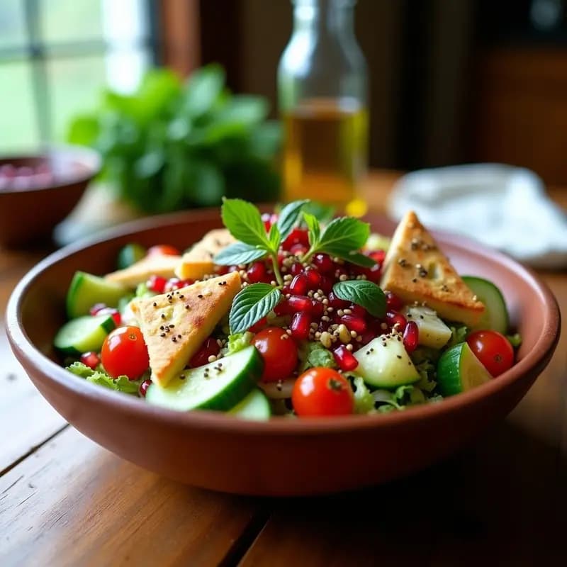 Fattoush con Granado y Aceite de Oliva: Ensalada Árabe Crujiente y Sin Gluten