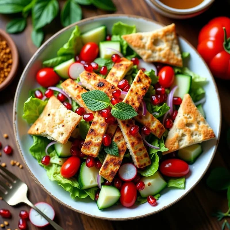 Fattoush con Granado y Pollo a la Parrilla: Ensalada Libanesa con Proteína en 20 Minutos