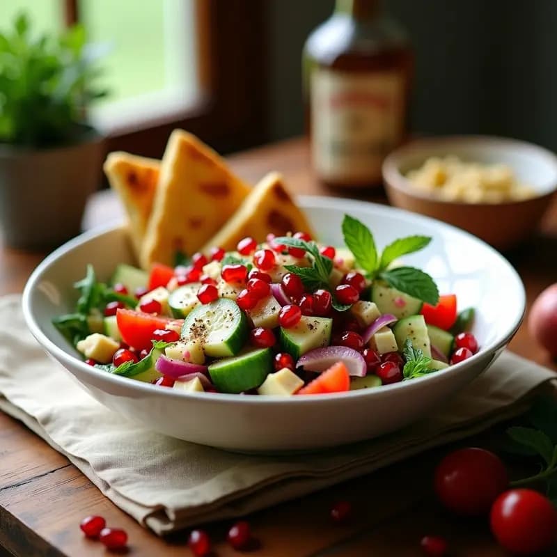Fattoush con Granados: Ensalada Libanes de Pan Tostado y Verduras Frescas