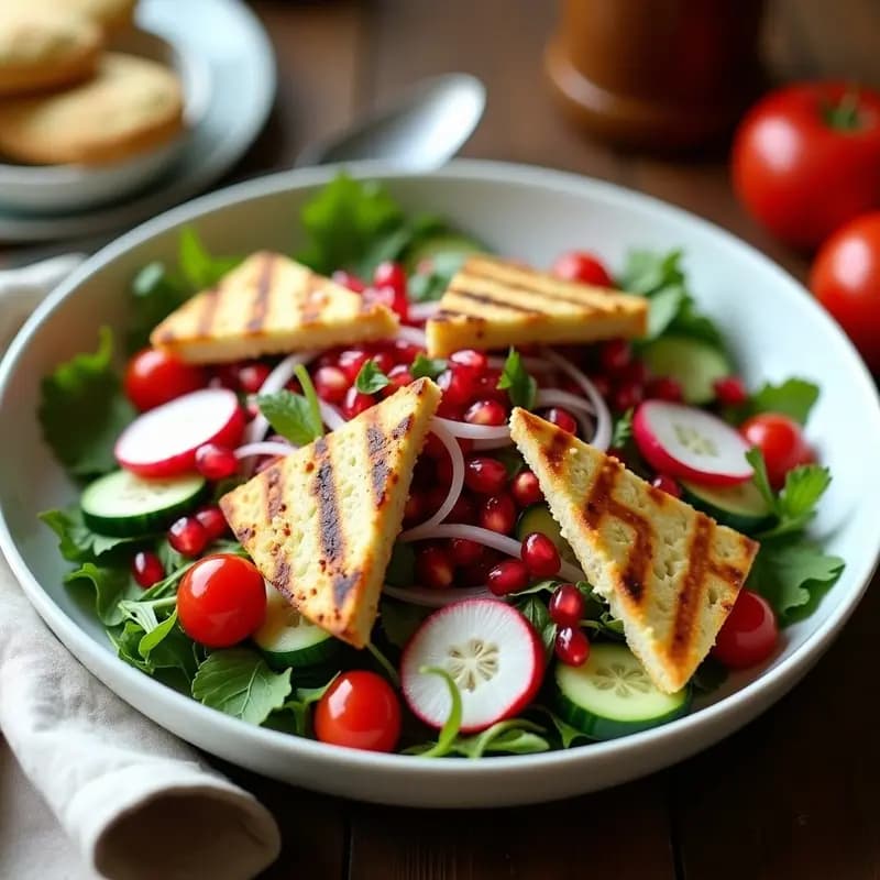 Fattoush con Granados y Queso Halloumi: Ensalada Árabe Crujiente y Alta en Proteína