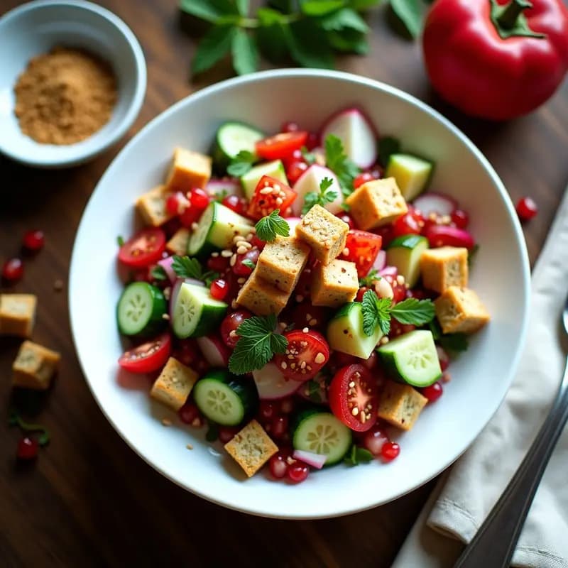 Fattoush de Granados y Hendricks: Ensalada Libro-Siria con Crujiente de Pan Sin Gluten
