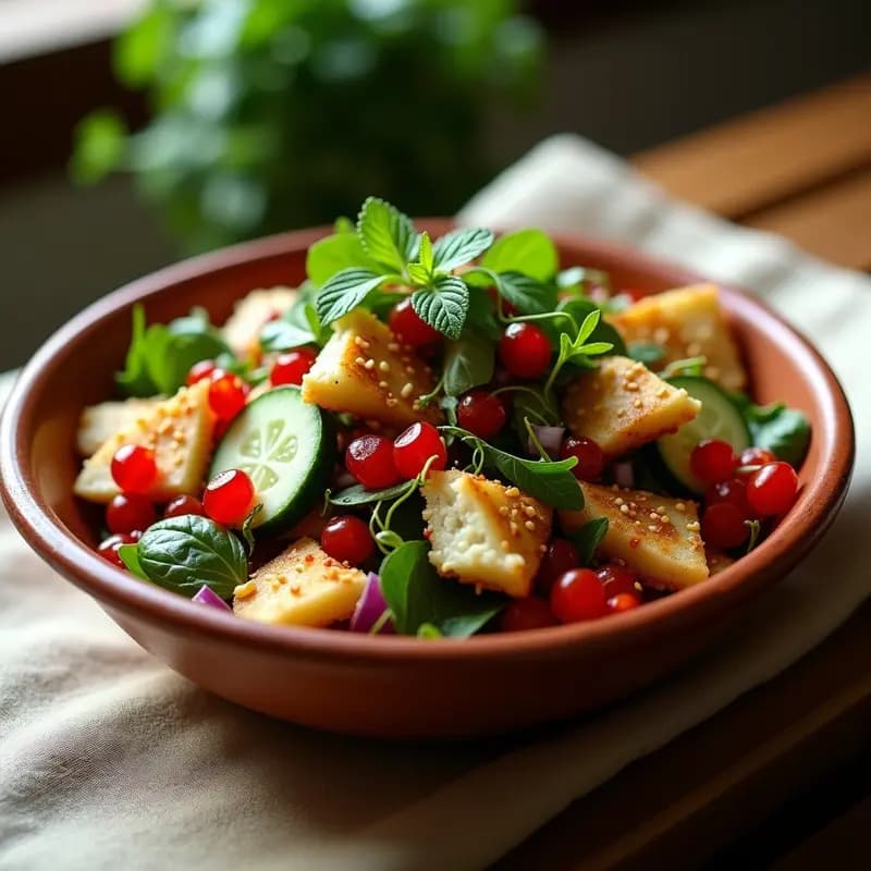 Fattoush de Granados y Hierbas: Ensalada Libanesa con Toque Ácido y Crujiente