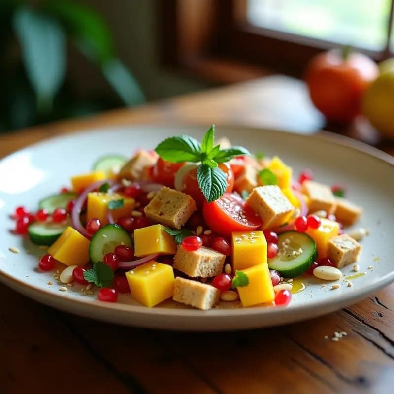Fattoush con Granados y Mango: Ensalada Libanesa con Toque Tropical y Sin Gluten