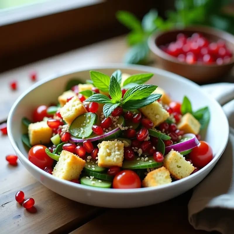 Fattoush con Granados y Menta: Ensalada Libanes Vegana y Sin Gluten con Twist Afrutado