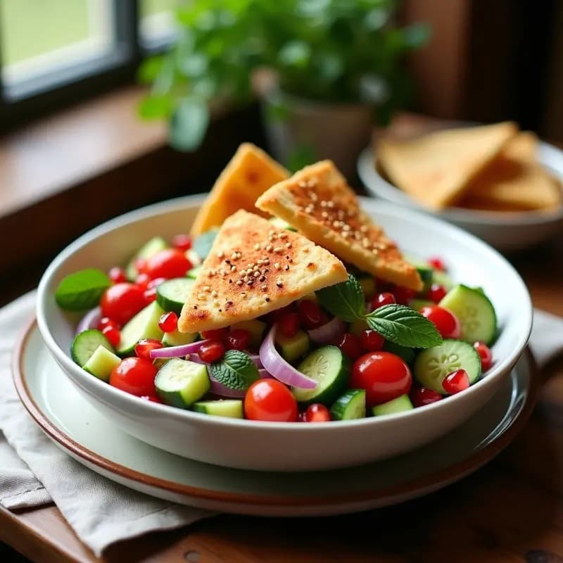 Fattoush con Granados y Crujientes de Pan Pita: Ensalada Árabe con Toque Candente
