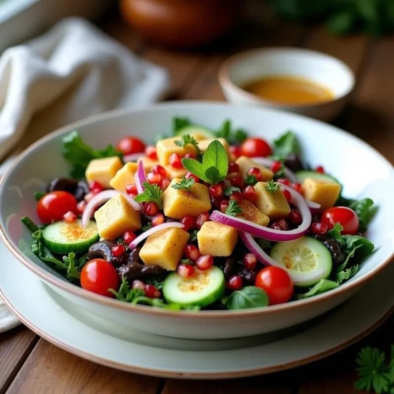 Fattoush Libanés con Granados y Queso Vegano: Ensalada Sin Gluten y Crujiente