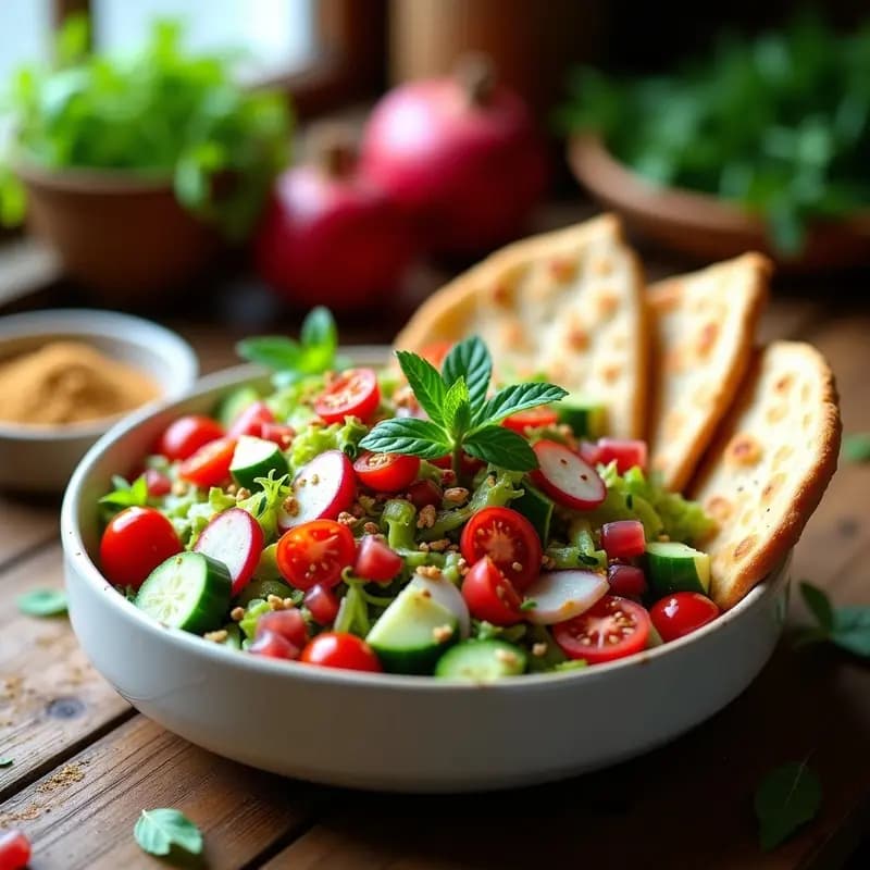 Fattoush con Granados y Za'atar: Ensalada Libanesa Vegana y Refrescante en 15 Minutos