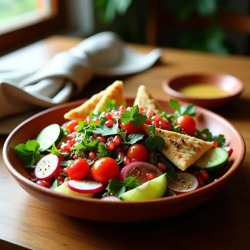 Fattoush con Granado y Menta: Ensalada Libanesa Crujiente y Refrescante