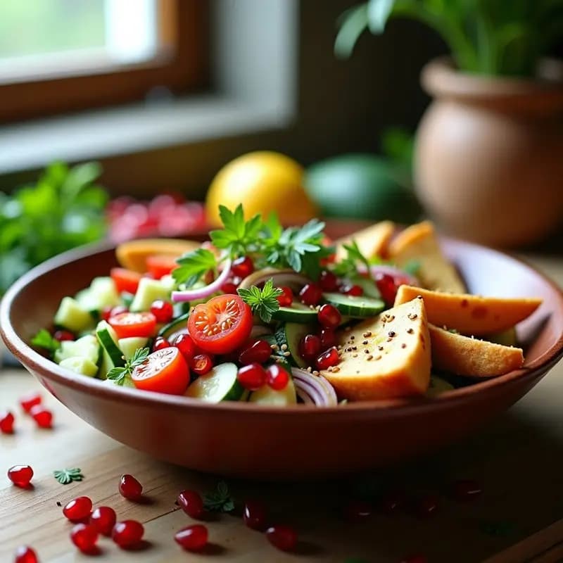 Fattoush con Granados y ACEITE DE OLIVA: Ensalada Libanesa Fresca y Crujiente