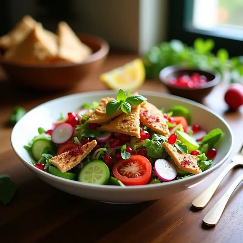 Fattoush con Granos de Granada y Mentol: Ensalada Libanesa Crujiente y Fresca