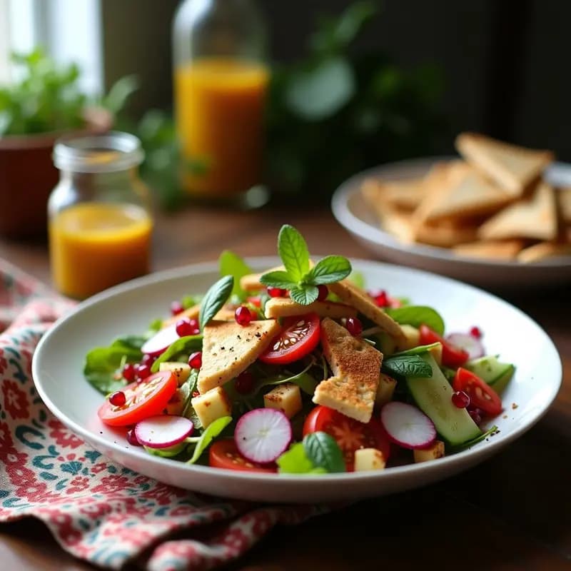 Fattoush Libanés con Granada y Vinagreta de Sumac: Ensalada Refrescante y Crujiente