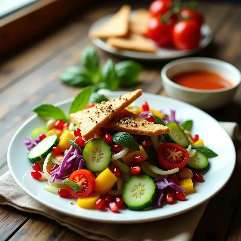 Fattoush Libanés con Granados y Sumac: Ensalada Árabe Refrescante y Sin Gluten