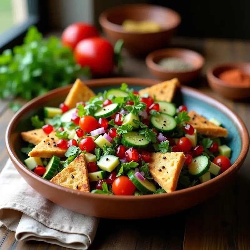 Fattoush Palestino con Pan Árabe y Granada: Ensalada Fresca y Ácida del Medio Oriente