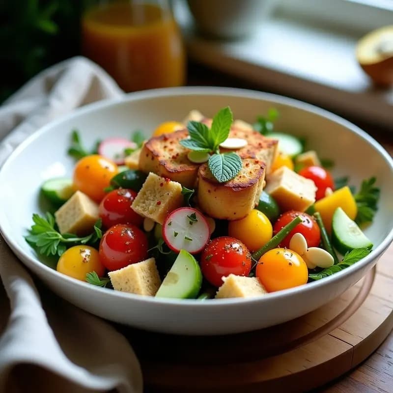 Fattoush de Pan de Almendra y Vegetales: Ensalada Sirio-Libanesa Vegana y Crujiente