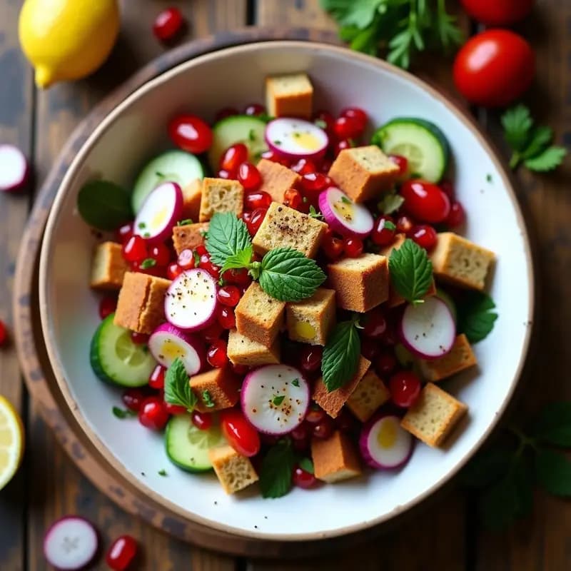 Fattoush con Pan de Centeno y Granada: Ensalada Libanesa Vegana y Sin Azúcar