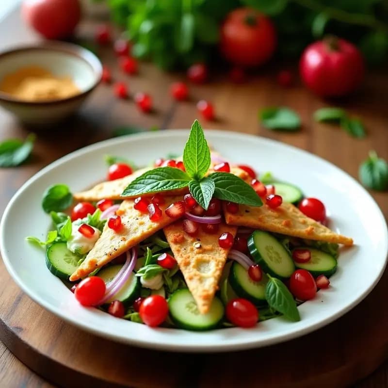 Fattoush con Pan de Pita Cruziente: Ensalada Árabe con Granadas y Menta