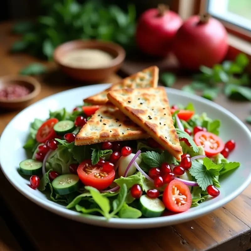 Fattoush con Pan Pita Tostado y Vinagreta de Granada: Ensalada Libanesa Fresca