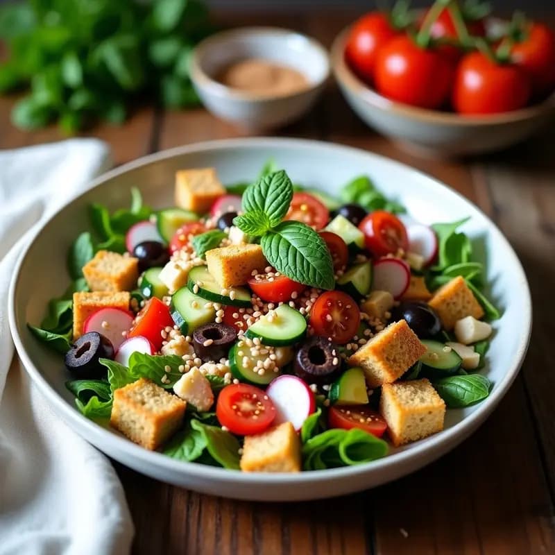 Fattoush con Pan de Trigo Sarraceno: Ensalada Libanesa Sin Gluten y Crunchy en 10 Minutos