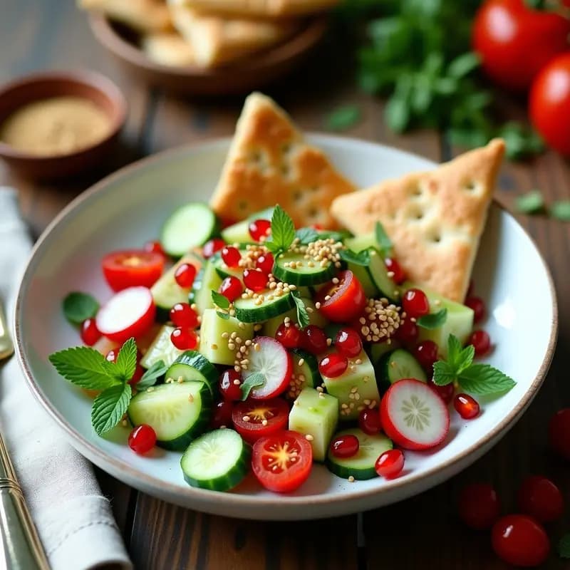 Fattoush de Pepino y Granados: Ensalada Siria Vegana con Toque Ácido
