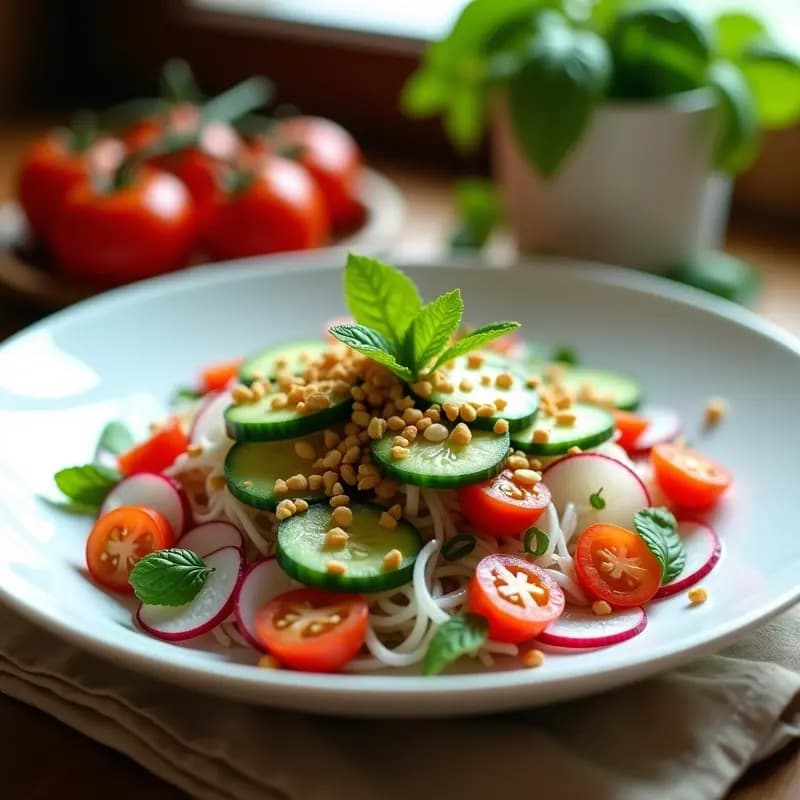 Fattoush de Pepino y Mentas con Crujiente de Almendras: Ensalada Libanesa Crudivegana