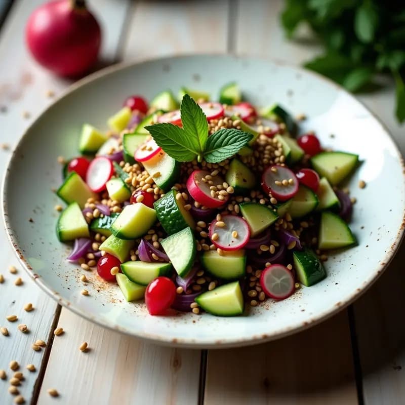 Fattoush de Pepino y Rábanos con Granadina: Ensalada Libanesa Crujiente y Ácida