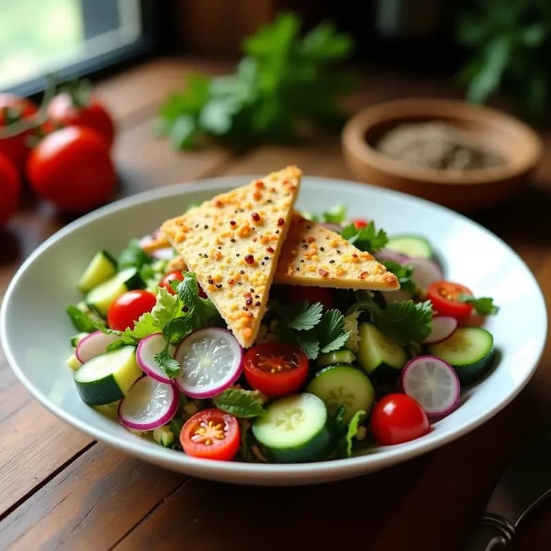 Fattoush de Pepino y Rábanos con Pan Árabe de Almendra: Ensalada Siríaca Sin Gluten