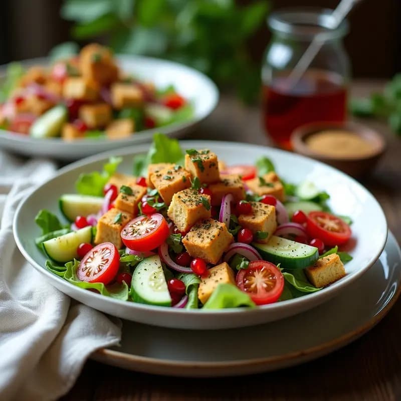 Fattoush con pan de pita integral y za’atar: Ensalada siria crujiente con vinagreta de sumac