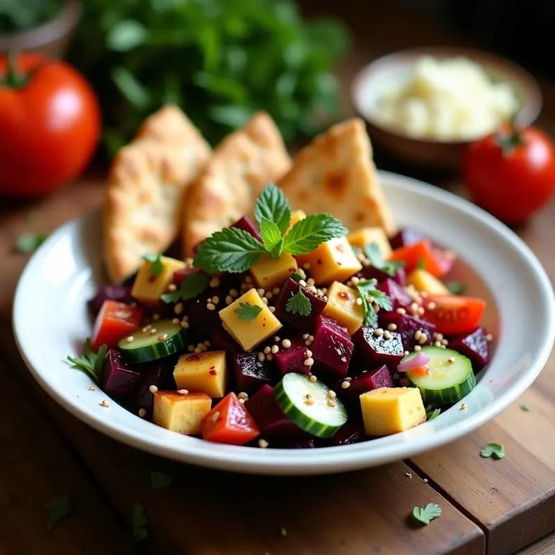 Fattoush de Remolacha Morada y Queso Halloumi: Ensalada Libanesa con Crujiente de Pan de Pita Integral