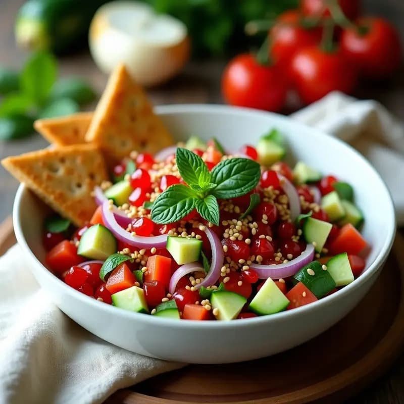 Fattoush Salad con Pan de Pita Integral y Granados: Receta Libanesa Sin Gluten y Fresca en 15 Minutos