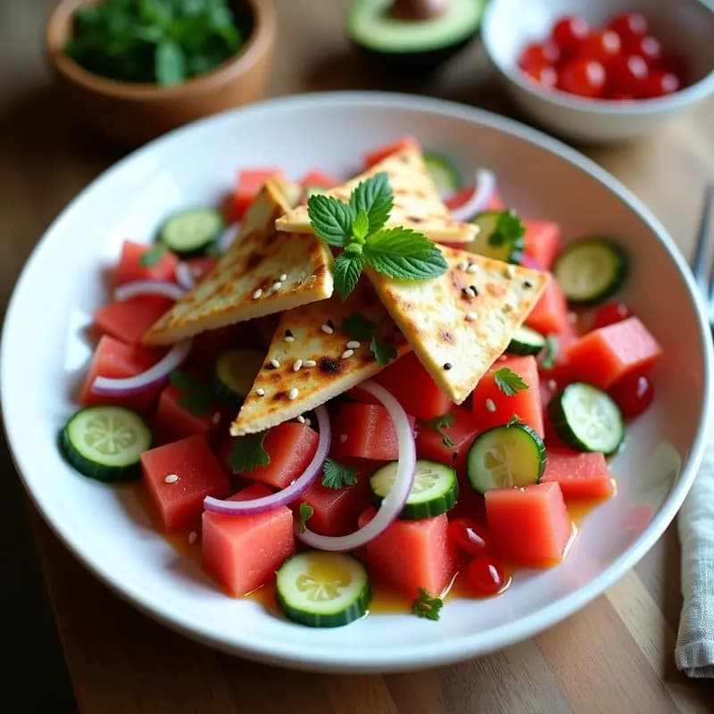 Fattoush de Sandía y Queso Halloumi: Ensalada Libanes Veraniega y Sin Gluten