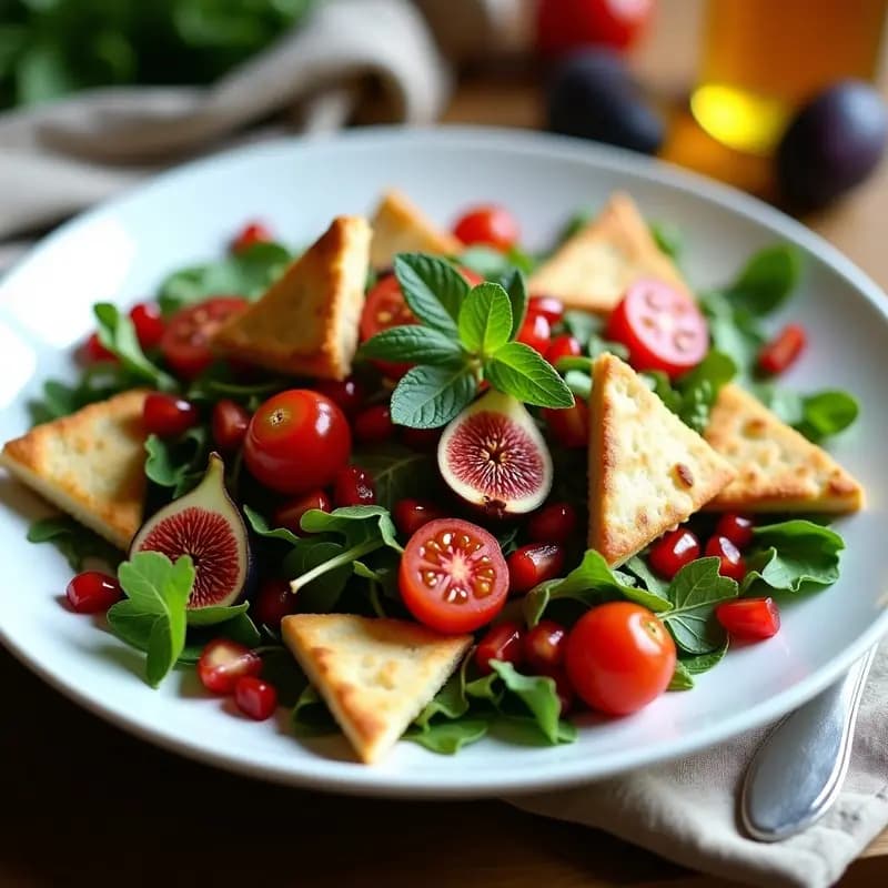 Fattuoush con Granadas y Zaatar: Ensalada libanesa con crujientes de pan pita tostado
