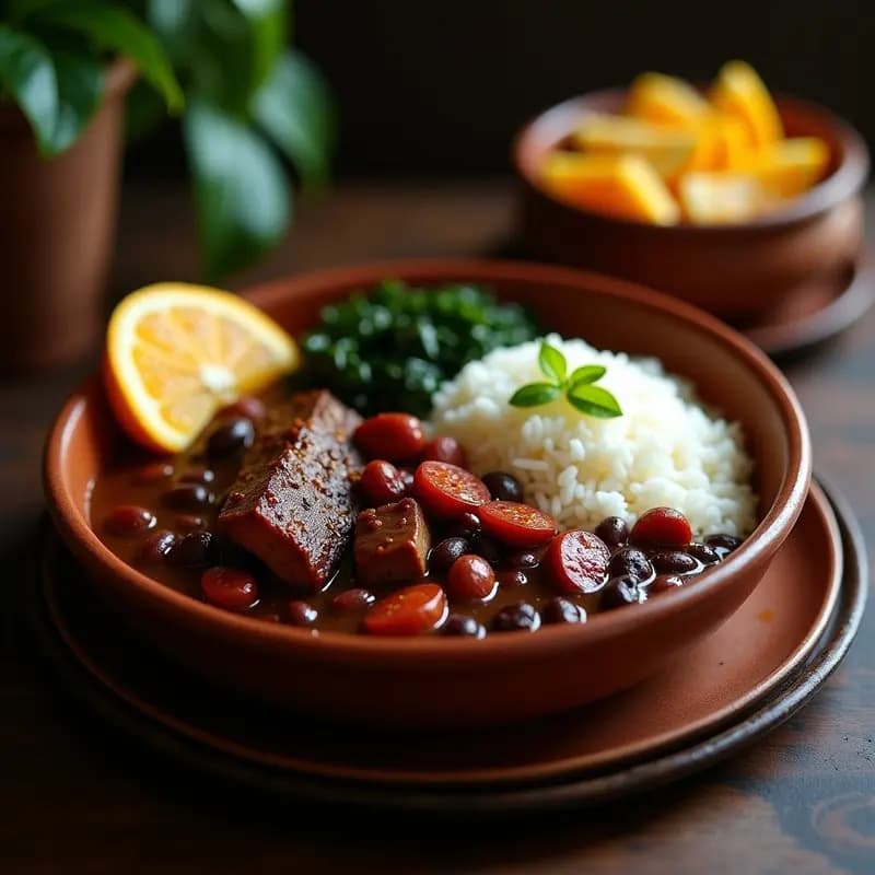 Feijoada Brasilera con Arroz y Couve: Estofado de frijoles negros y carne