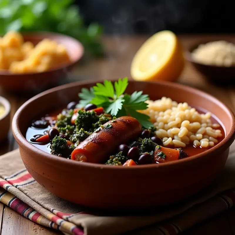 Feijoada de Fréjol Negro y Chorizo Vegano: Guiso Brasileño de Olla Lenta con Col Rizada