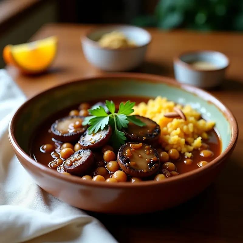 Feijoada de Garbanzos y Champiñones Portobello con Farofa de Mandioca: Receta Brasileña Vegana