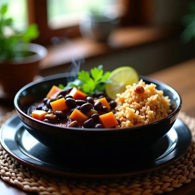Feijoada Brasileña de Hongos y Calabaza: Receta Vegana con Arroz y Farofa de Almendras