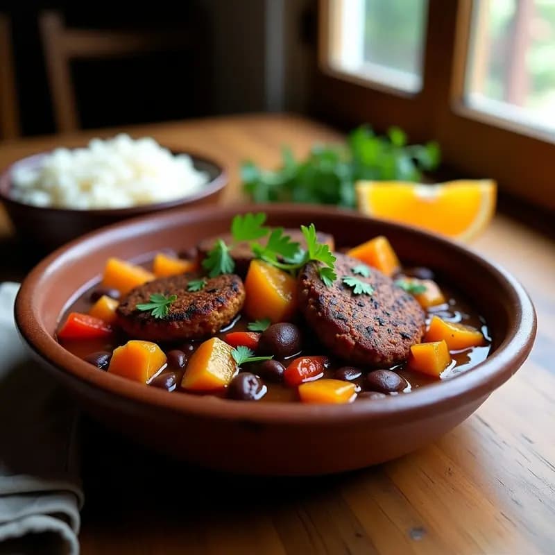 Feijoada Brasileña con Hamburguesa de Jackfruit: Estofado Vegano de Frijoletes Negros