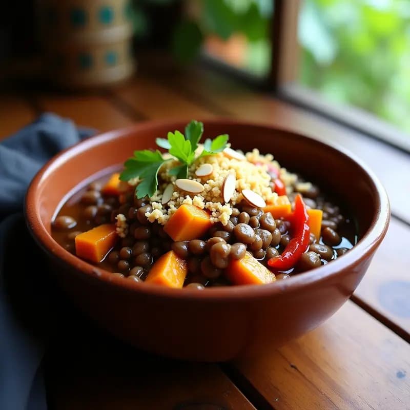 Feijoada de Lentejas y Verduras: Estofado Brasileño Vegano con Farofa de Mandioca