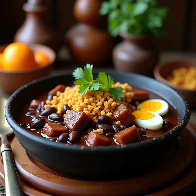 Feijoada Negra con Farofa: Guiso Brasileño de Frijoles y Carne de Cerdo con Acompañamiento