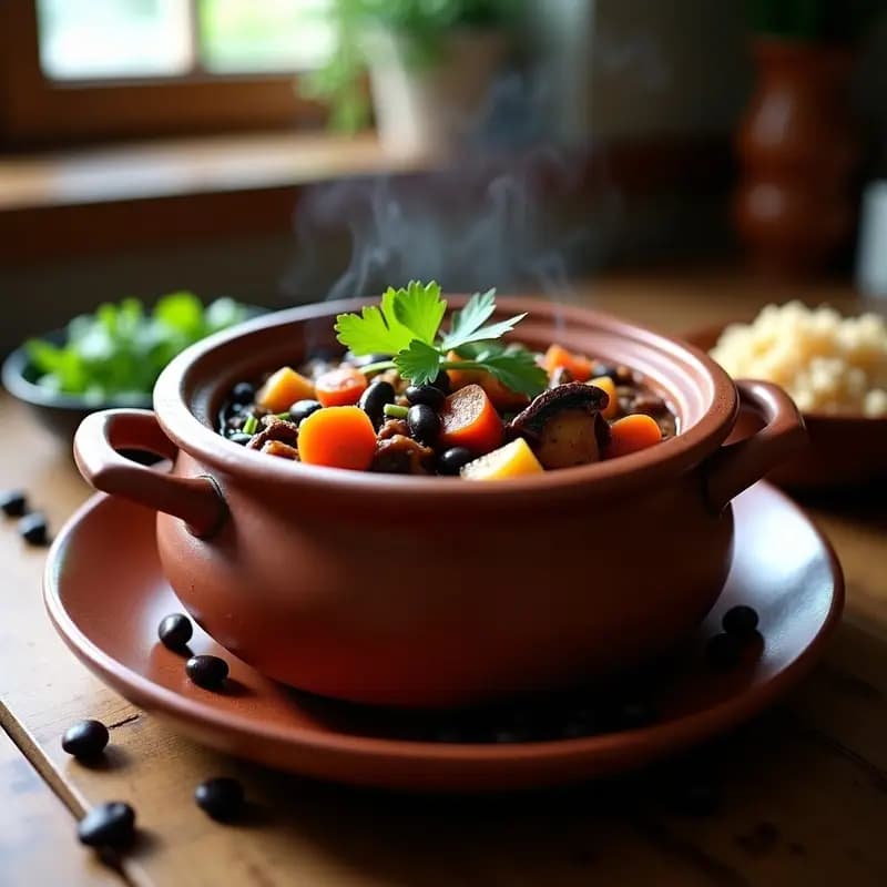 Feijoada Brasileira Vegana con Champiñones: Estofado de Alubias Negras y Verduras
