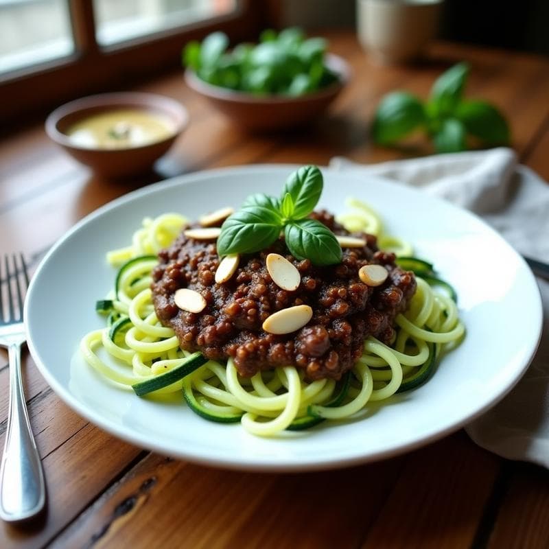 Fideos de Calabacín con Bolonhesa de Hongos Portobello y Aceite de Trufa: Receta Vegana Keto