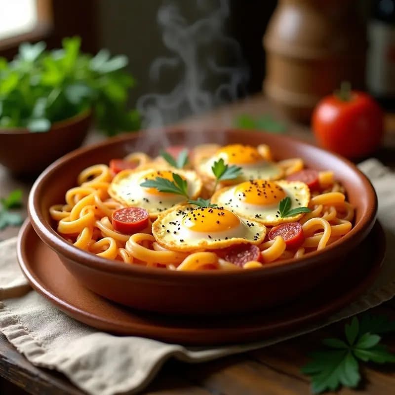 Fideos con Costra de Huevo y Chorizo: Receta Aragonesa Contundente